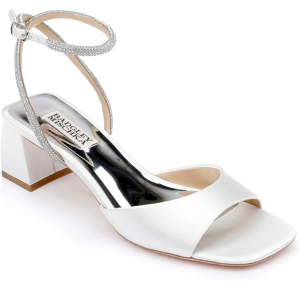 Badgley Mischka White Satin Block Heel Sandals